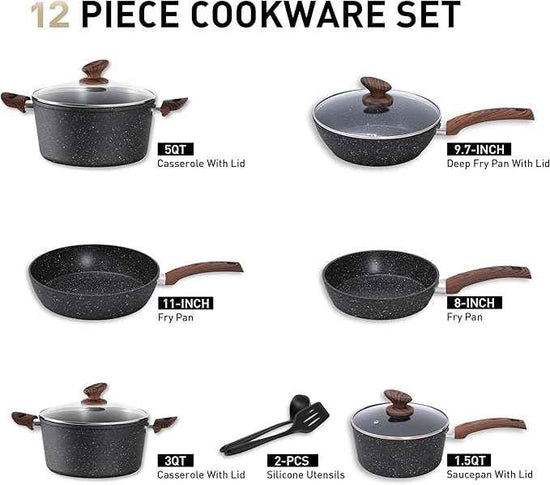 MAISON ARTS Pots and Pans Set Non Stick, 12 Piece Black Granite Kitchen Cookware Induction Compatible, Pot and Pan Sets for Cooking Nonstick