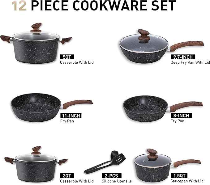 MAISON ARTS Pots and Pans Set Non Stick, 12 Piece Black Granite Kitchen Cookware Induction Compatible, Pot and Pan Sets for Cooking Nonstick