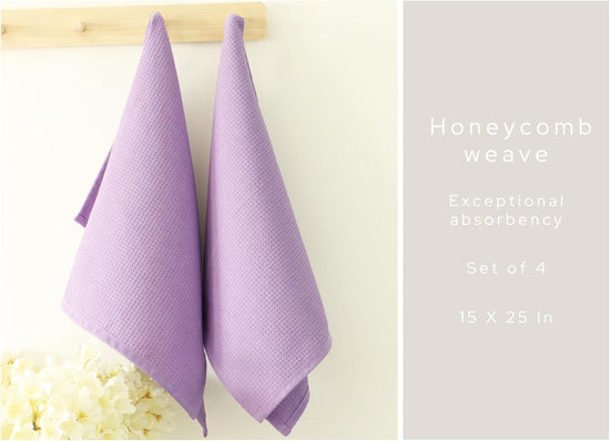 PurpleEssences Waffle Weave Kitchen Towel, 100% Cotton - 15 x 25 Inches, with Hanging Loop Ultra Soft Absorbent Quick Drying Dish Cloth, Tea and Hand Towels, 4 Pack - Spring Summer - Lavender - Nestoria