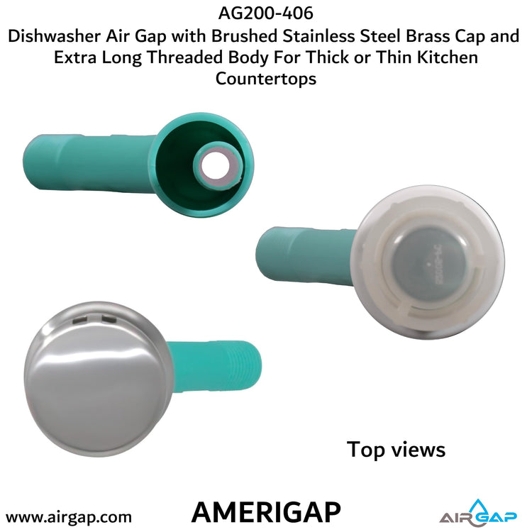 Dishwasher Air Gap with Skirted Brushed Stainless Steel Brass Cap and Extra Long Threaded Body for Thick or Thin Kitchen Countertops