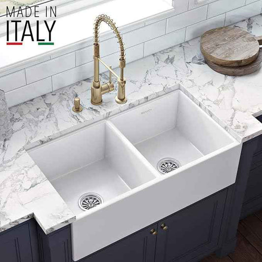 Ruvati 33-inch Fireclay Farmhouse Apron-Front Kitchen Sink Double Bowl - White - RVL2311WH