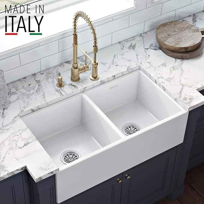 Ruvati 33-inch Fireclay Farmhouse Apron-Front Kitchen Sink Double Bowl - White - RVL2311WH