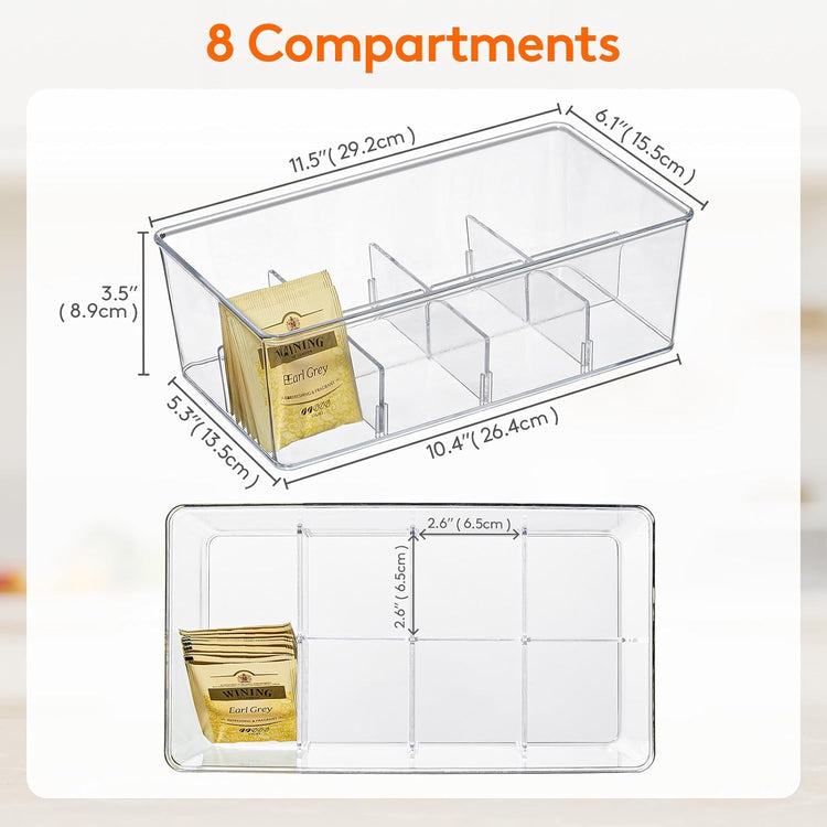 Lifewit 4 Pack Plastic Stackable Tea Bag Organizer, Divided Storage Bin Box for Kitchen Cabinets, Countertops, Pantry, Hold Coffee Pods, Sugar Packets, Condiments, Each for 8 Sections
