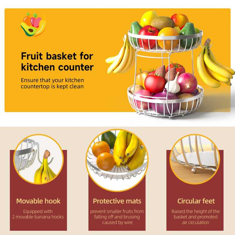 2 Tier Fruit Bowl for Kitchen Counter with Banana Hangers