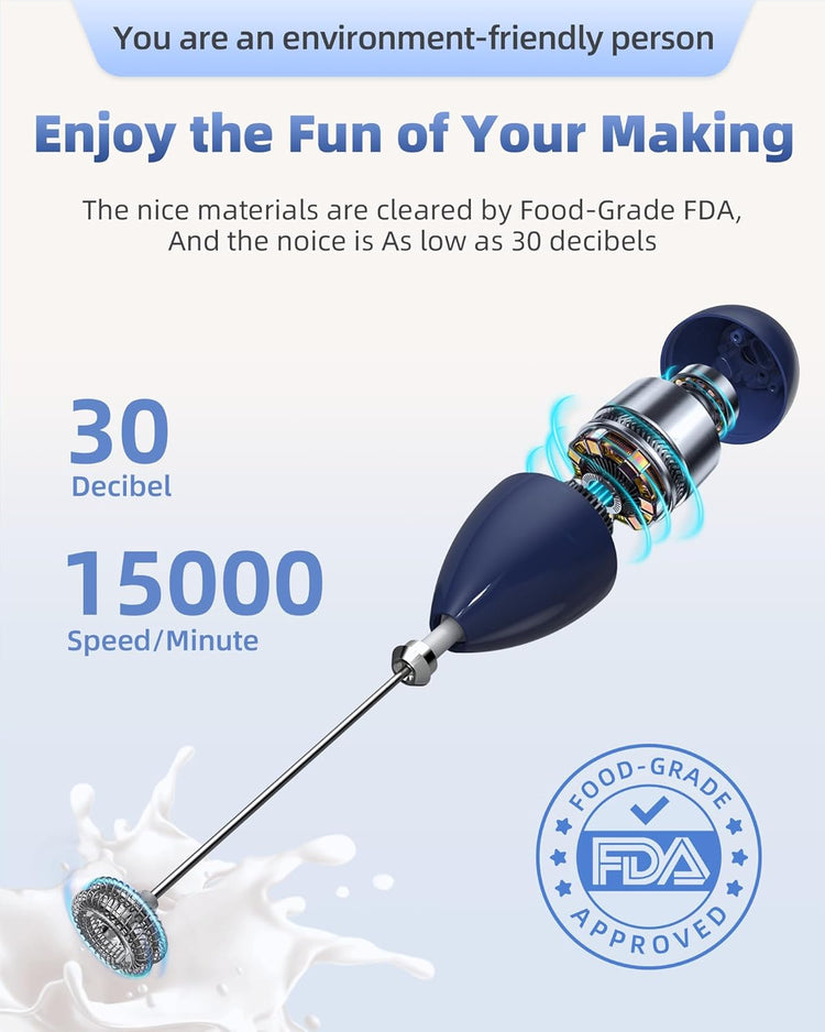 Milk Frother Handheld with Case,USB C Rechargeable Frother Wand for Coffee, Portable Electric Whisk with Stand,Waterproof Hand Drink Mixer Travel for Lattes, Cappuccino, Matcha, Egg (Navy blue)