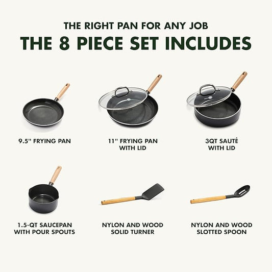 GreenPan Hudson Healthy Ceramic Nonstick, 8 Piece Cookware Pots and Pans Set, Vintage Wood Inspired Handle, PFAS-Free, Dishwasher Safe, Black