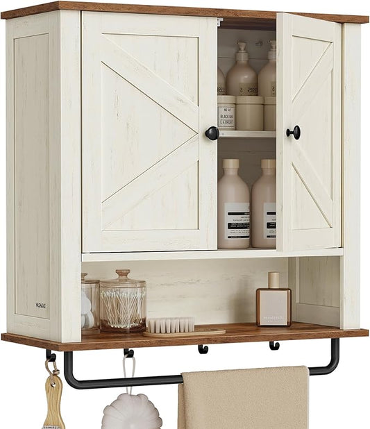 VASAGLE LIRY Collection - Bathroom Wall Cabinet, Farmhouse Wall-Mounted Medicine Storage Cabinet with 2 Barn Doors, Adjustable Shelf, Towel Bar, 7.9 x 23.6 x 28.7 Inches, Rustic White UBBK131W01S