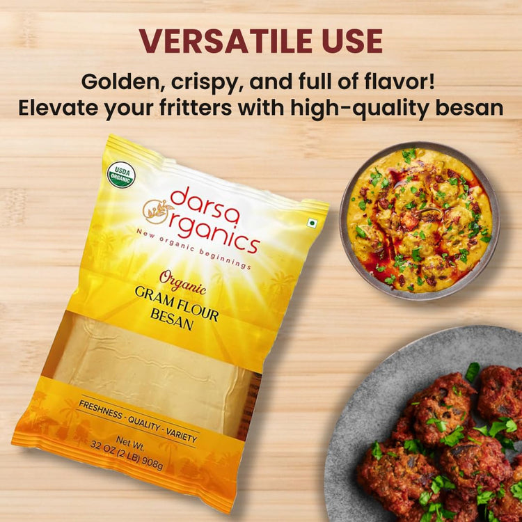 Darsa Organics Gram Flour - 2 lb Besan Flour, USDA Organic, Chemical Free, Non-GMO, Kosher, Premium Chickpea Flour for Cooking & Skin Care, Ideal for Gluten Free Diets & Face Masks - Nestoria