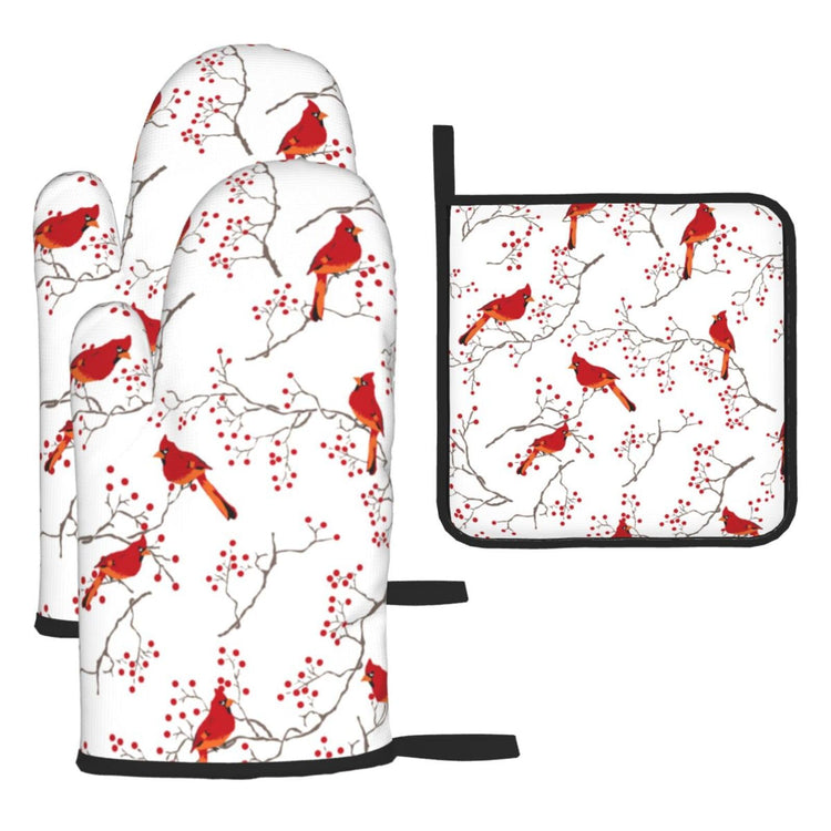 Cardinal Bird Red Berry Decor Oven Mitts and Pot Holders Sets of 3 (3 Count)