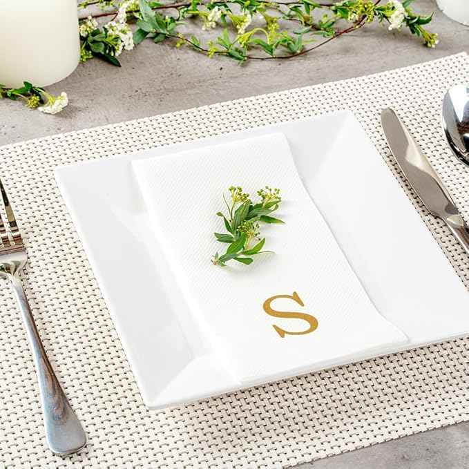Luxenap 15.8 X 7.9 Inch Linen-Feel Guest Towels, 2000 Lettered Hand Towels - Gold Letter 'S', Sans Serif Font, White Paper Dinner Napkins, airlaid, For Restrooms And Tables