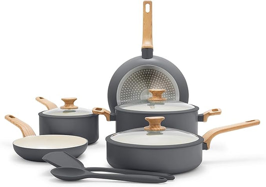 GreenPan Rio Essence Wood 10 Piece Cookware Pots and Pans Set, Healthy Ceramic Nonstick, PFOA & PFAS-Free Coating, Induction, Silicone Rim Lids, Stay-Cool Wood Print Handles, Dishwasher Safe, Gray