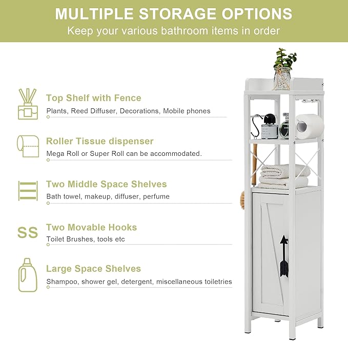 VECELO Small Bathroom Cabinet,Slim Toilet Paper Holder with Door & 2 Shelves,Narrow Storage Organizers Fenced Top Waterproof Coating for Restroom Bathroom in Tiny Space,White