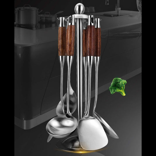 Cooking Utensils Set,7pcs 304 Stainless Steel Kitchen Utensils Set with Holder,Heat Resistant Wooden Handle Kitchen Tools