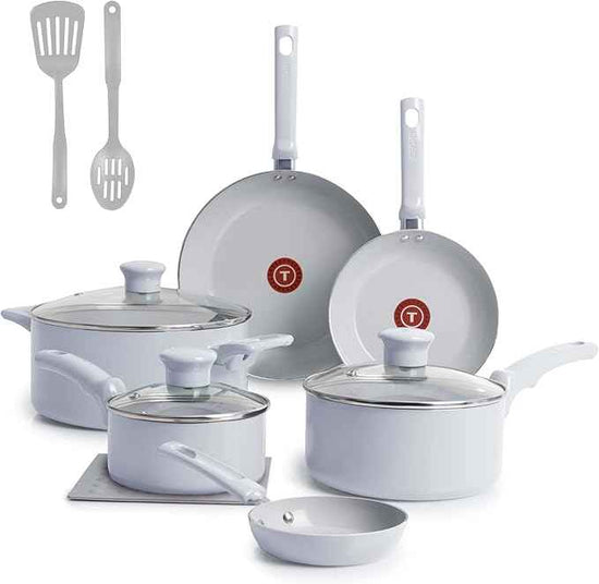 T-Fal Refresh Ceramic Nonstick Cookware Set, 12-Piece Nonstick Cookware, Oven Safe to 350°F, Stockpot, Griddle, Frying Pans, Utensils, Ceramic Pots and Pans Set, Blue