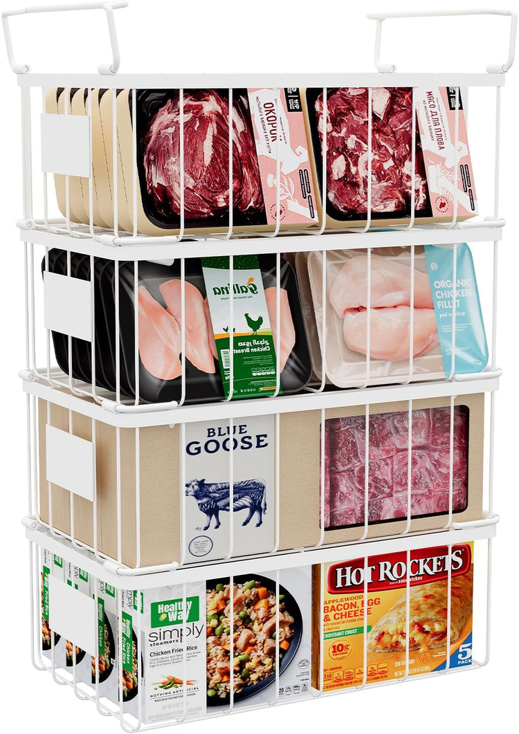 Freezer Storage Organize Baskets - 4 Pack Stackable Deep Freezer Organizer Bins for Most 7 Cu.FT Chest Freezer with Handles, Sturdy but Light, Metal Coated, Add Space, Easy to Reach
