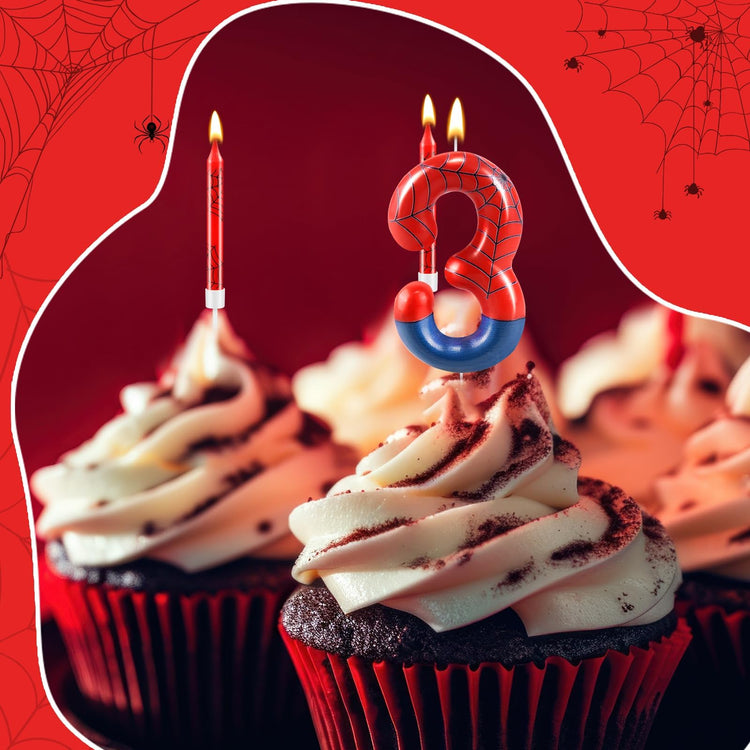 13 Pcs Spider Themed Birthday Candle Set Red Spider Theme Number 3 Candle Cake Topper for Boys Girls Birthday Decoration Spider Party Decoration Supplies (13 Count)