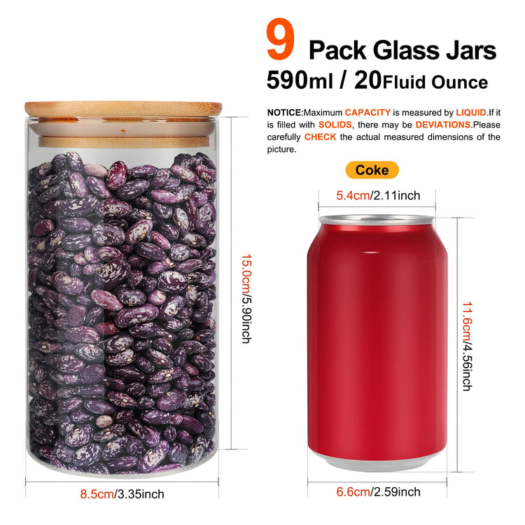 9 Pack 20 oz Glass Jars with Airtight Bamboo Lids for Kitchen (9 Count)