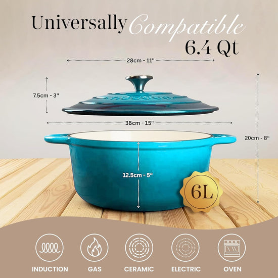 Nuovva Enamelled Cast Iron Dutch Oven Pot with Lid 6.4 Quart Non Stick Casserole Pot – Heavy Duty & Oven Safe up to 500° F for Bread Baking, Braising, Stews, Roasting – 28cm Light Blue - Nestoria