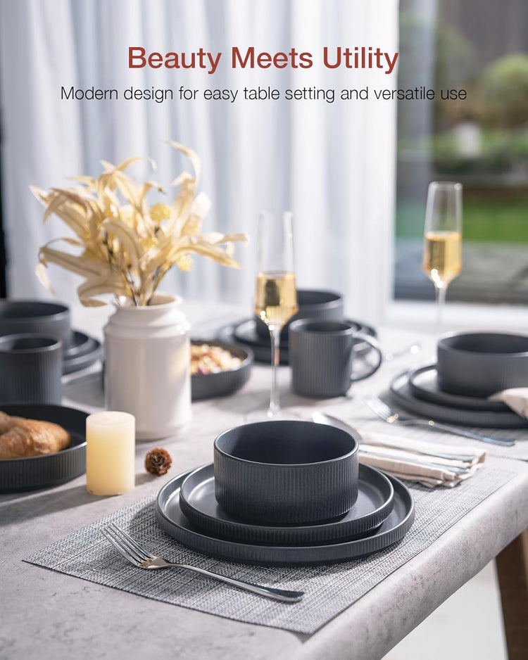 Famiware Star Dinnerware Set with Mugs, Service for 4 (16pcs), Ribbed Stoneware Plates and Bowls Dishes Sets - Chip & Scratch Resistant, Microwave & Dishwasher Safe, Matte Dark Charcoal