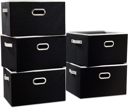 PRANDOM Larger Collapsible Storage Bins for Closet [5-Pack] Decorative Linen Fabric Storage Baskets Cubes with Leather/Metal Handles for Living Room Black (17.3x12.2x10.4 Inch)