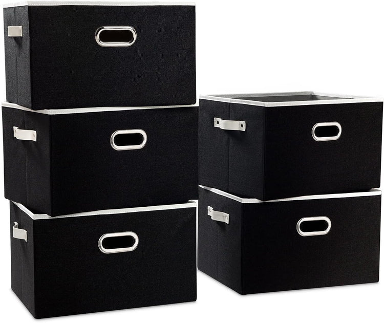 PRANDOM Larger Collapsible Storage Bins for Closet [5-Pack] Decorative Linen Fabric Storage Baskets Cubes with Leather/Metal Handles for Living Room Black (17.3x12.2x10.4 Inch)