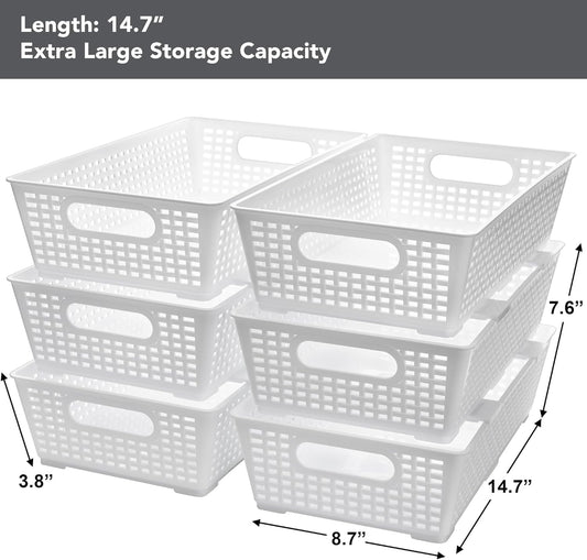 Stackable Woven Plastic Basket, Storage Bins for Cabinet, Closet, Shelf, Under Sink and Countertop, Pantry Organizer Bins, 6 Pack