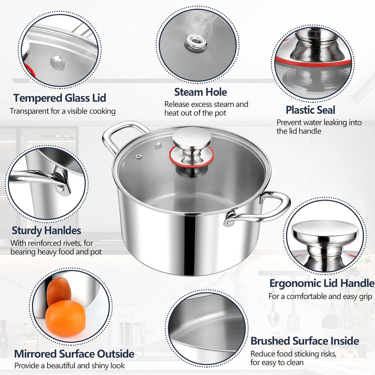 P&P CHEF 6 Quart Tri-Ply Stainless Steel Stock Pot, 6 Qt Stockpot Pasta Cooking Pot with Visible Lid for Soup Vegetable, Induction Cookware for All Stoves, Sturdy & Double Handle, Dishwasher Safe