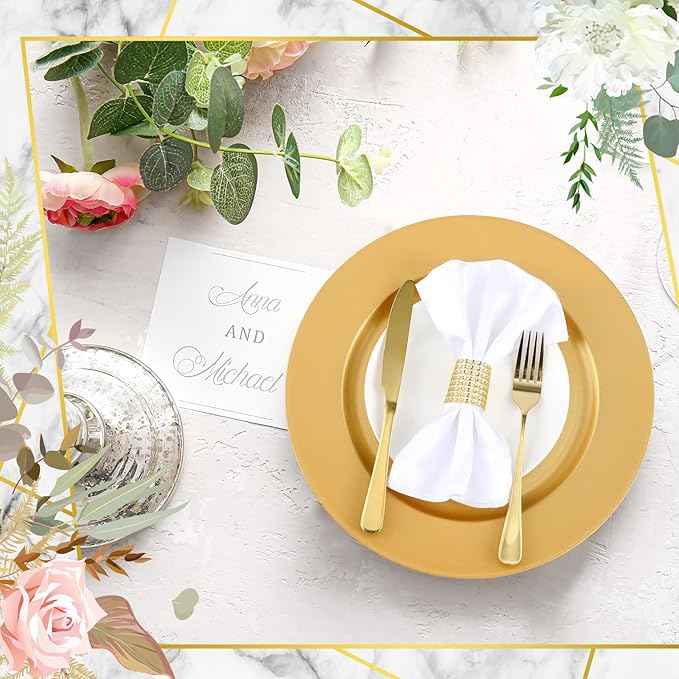Tanlade 50 Pcs 13 Inch Charger Plates Bulk Round Wedding Chargers Plastic Dinner Plates for Table Setting Wedding Party Decoration (Gold)