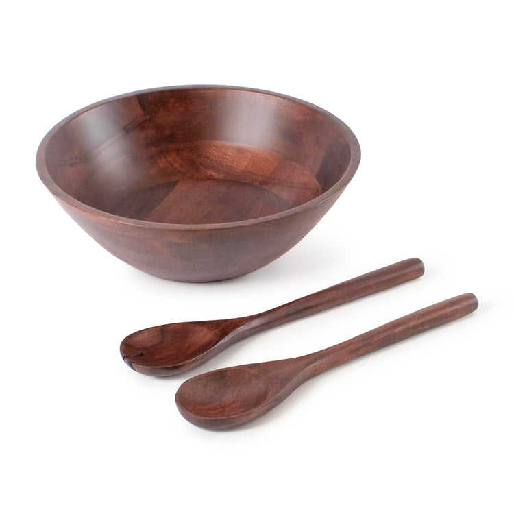 12" Dark Burnt Wooden Salad Bowl Set with Serving Utensils Eco