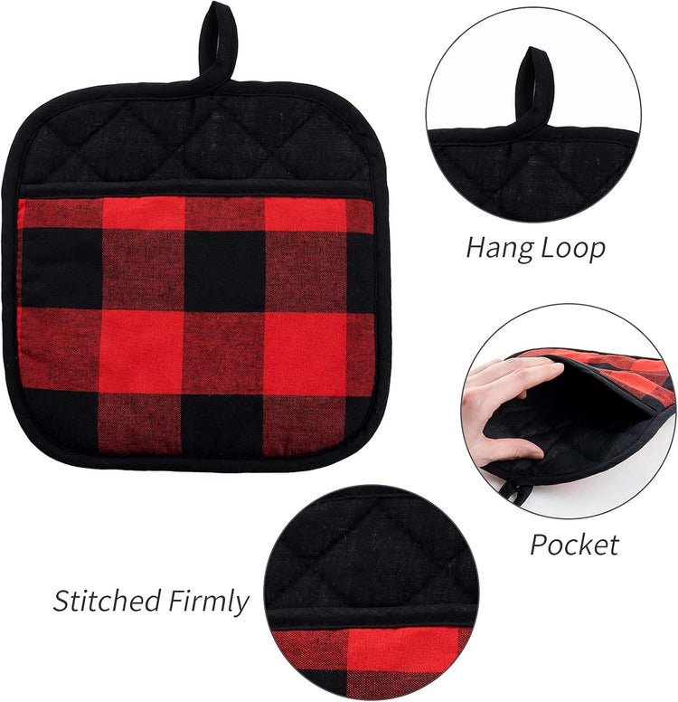 Joyhalo 4 Pack Pot Holders for Kitchen,Cotton Oven Holder with Great Heat Resistance,Non Slip Hot Pads for Kitchen Clearance,Black and Red