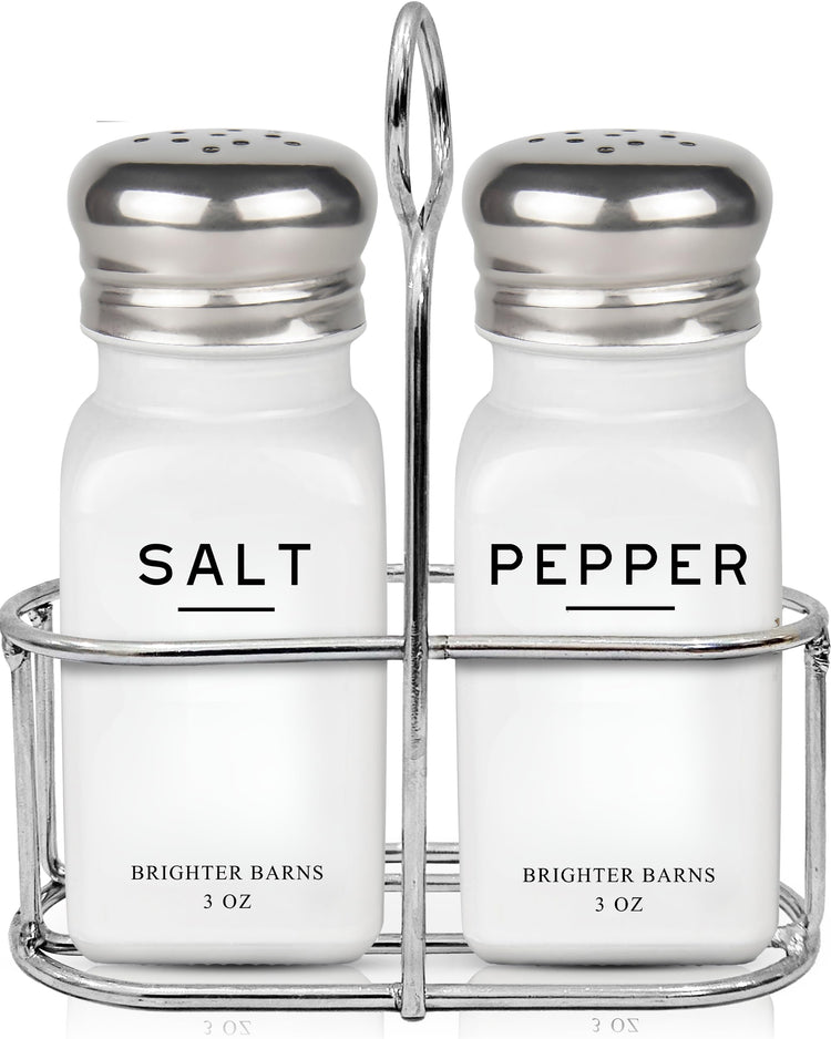 White Salt and Pepper Shakers Set with Holder by Brighter Barns (2 Count)