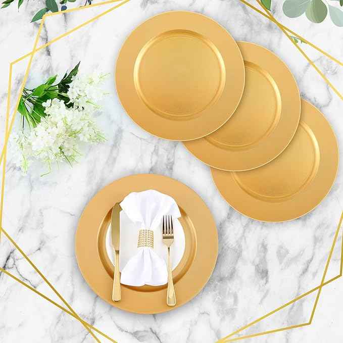 Tanlade 12 Pcs 13 Inch Charger Plates Bulk Round Wedding Chargers Plastic Dinner Plates for Table Setting Wedding Party Decoration (Gold)