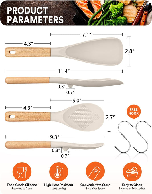 Cooking Spoon and Rice Scooper for Nonstick Cookwares, Great for Cooking and Serving Sturdy BPA-Free Matte Silicone, Wood Handle Spoon for Mixing, Scoop, and Scrape (KHAKI) - Nestoria