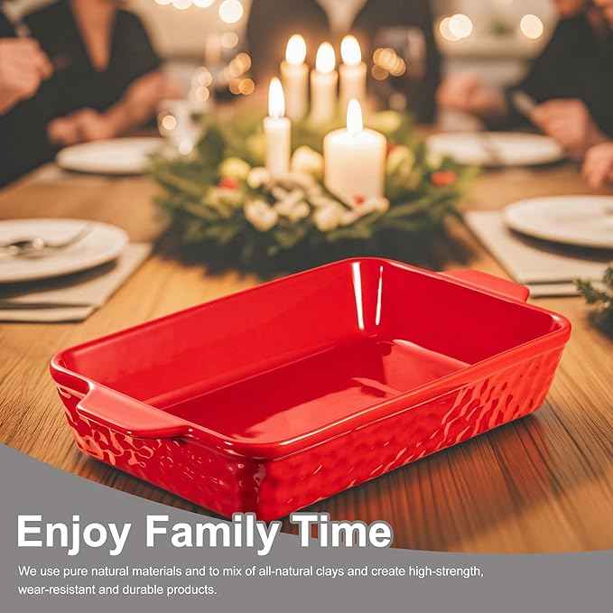 Casserole Dishes for Oven, Baking Dishes, Ceramic Bakeware Sets of 4, Rectangular Baking Pan Set with Handles for Baking, Casserole, Kitchen, Wedding Gift (Red)