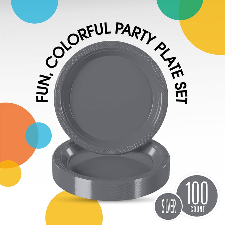 Exquisite Party Solids Silver Plastic Plates For Party 7" Silver Disposable Plates Heavy Duty Supplies 100 Pcs Plastic Dinnerware Sets Heavy Duty 350 GSM Disposable Dinnerware Set