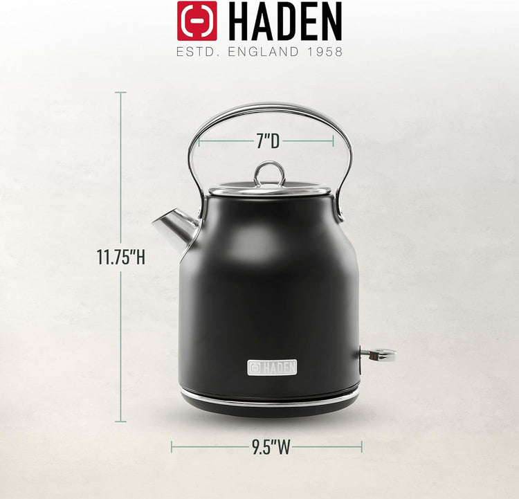 HADEN Heritage 1.7 Liter Stainless Steel Electric Kettle, Hot Water Kettle with 360-Degree Base and Auto Shutoff, Black & Chrome