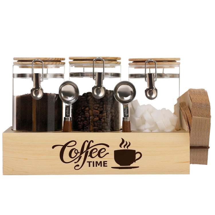 Glass Coffee Canister Set with Shelf & Spoons