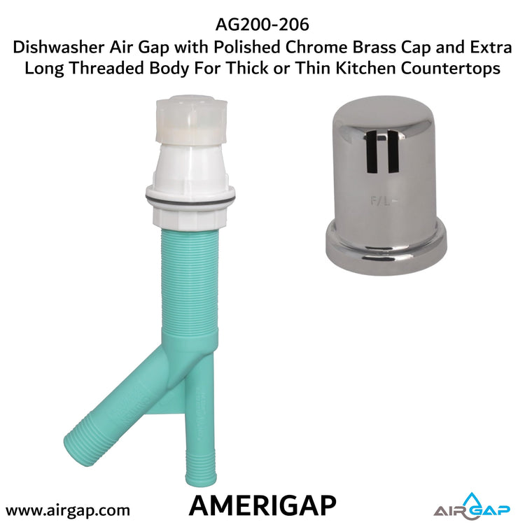 Dishwasher Air Gap with Skirted Polished Chrome Brass Cap and Extra Long Threaded Body for Thick or Thin Kitchen Countertops