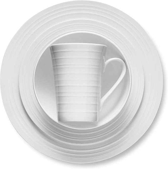 Stone Lain Eleanor Bone China 16 Piece Dinnerware, Plates and Bowls for 4, White Dish Collection with Mugs, Elegant Swirl Design, Microwave & Dishwasher Safe