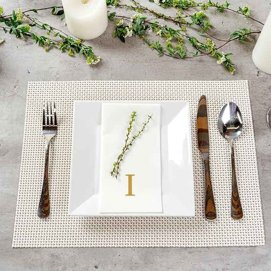 Luxenap 15.8 X 7.9 Inch Linen-Feel Guest Towels, 2000 Lettered Hand Towels - Gold Letter 'I', Sans Serif Font, White Paper Dinner Napkins, airlaid, For Restrooms And Tables