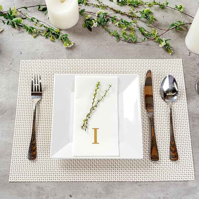 Luxenap 15.8 X 7.9 Inch Linen-Feel Guest Towels, 50 Lettered Hand Towels - Gold Letter 'I', Sans Serif Font, White Paper Dinner Napkins, airlaid, For Restrooms And Tables