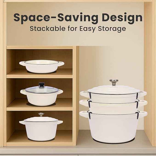 QuliMetal Enameled Cast Iron Set 5-Pc, 10" Stackable Space-Saving Cookware Set, Dutch Oven, Skillet, Grill Pan, with 2 Universal Lid, Versatile Enamel Dutch Oven, Included Spacers, White