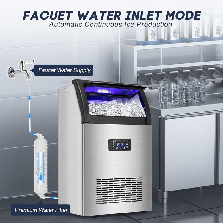 【150LBS/24H + 55 Ice Cubes/10-15 Mins】 Commercial Ice Maker - 50LBS Storage, Stainless Steel, Self-Cleaning for Home Bar Outdoor