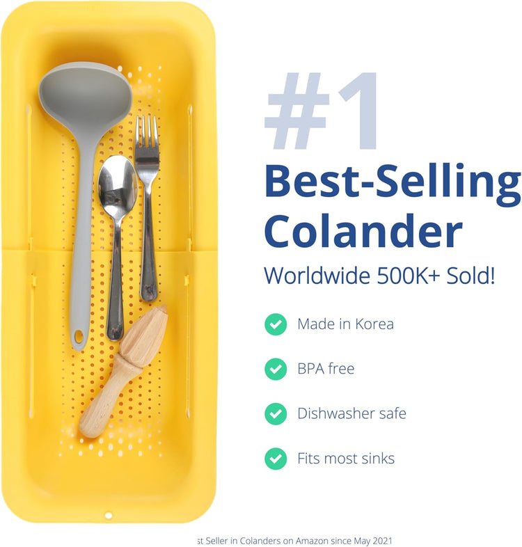 BLUE GINKGO Over the Sink Colander Strainer Basket - Wash Vegetables and Fruits, Drain Cooked Pasta and Dry Dishes - Extendable - New Home Kitchen Essentials (7.9 W x 14.5-19.5 L x 2.75 H) - Yellow
