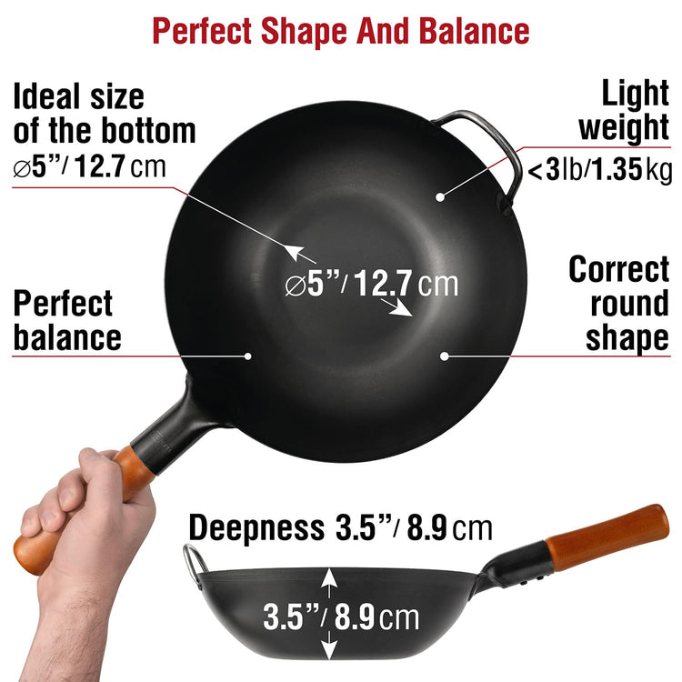 11.8" Pre Seasoned Flat Bottom Black Carbon Steel Wok for Stir Fry