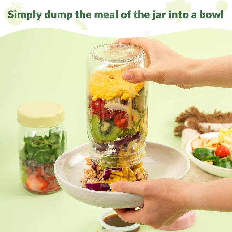 SOLIGT 4 Pack Glass Salad Jars with Lids Meal Prep, Leakproof Container for Lunch, with Wet/Dry Separation Cups, 32oz Mason Jars (Pink/Orange/Sky Blue/Olive Green)