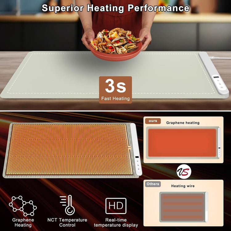 FYY Extra Large Food Warming Mat - Electric Warming Tray with 6 Temperature Settings and 6 Hours Timer, Full Surface Heating Food Warmer, Premium Silicone Heating Tray for Gatherings, Parties, Khaki