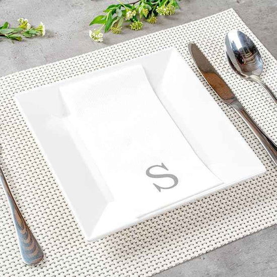 Luxenap 15.8 X 7.9 Inch Linen-Feel Guest Towels, 50 Lettered Hand Towels - Silver Letter 'S', Sans Serif Font, White Paper Dinner Napkins, airlaid, For Restrooms And Tables - Restaurantware