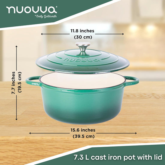 Cast Iron Dutch Oven with Lid – Non-Stick Ovenproof Enamelled Casserole Pot – Sturdy Dutch Oven Cookware – Dark Green, 7.3-Quart, 30cm – by Nuovva - Nestoria