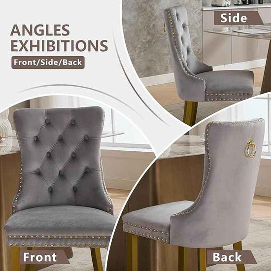 Velvet Dining Chairs Set of 2, Kitchen & Dining Room Chairs, Upholstered Dining Chairs with Back Ring Pull and Golden Solid Wood Legs, Modern Tufted Kitchen Chairs for Dining Room, Light Grey